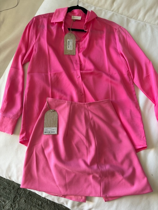 Meshki Dresses & Skirts - Meshki Hot Pink Button-Down Shirt and Mini Skirt Set